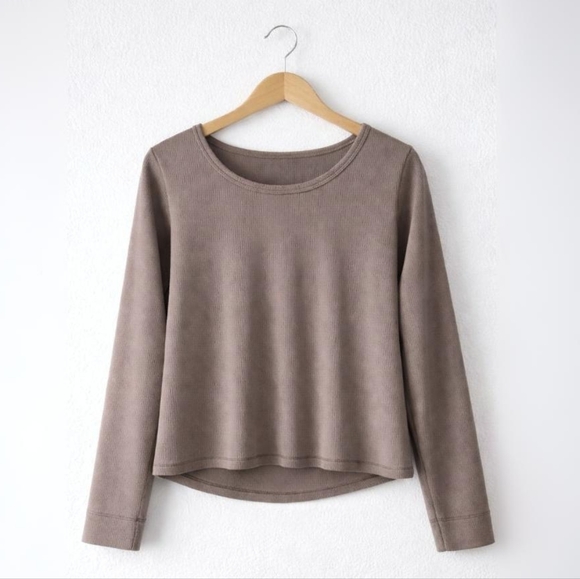 Everlane Tops - Everlane Luxe Rib Long Sleeve Top Organic Cotton Rib Knit Taupe Minimalist XL